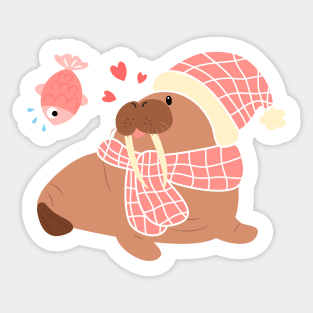 Cute Walrus Loves Fish Sticker